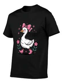 Camiseta Nueva de Primavera/Verano/Otoño 2026 - Camiseta casual de verano de manga corta y cuello redondo con estampado de pato lindo y lazo rosa (Silly Goose on Run) - Top negro lavable aáquina. - Negro - Ver 5