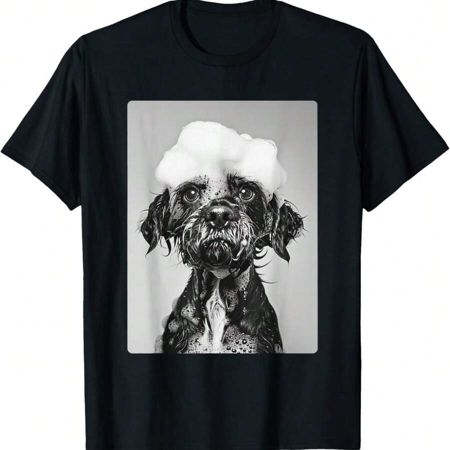 Cute Schnauzer With Bath Bubbles Funny Dog Meme Humor T-Shirt - 黑色 - 查看 1