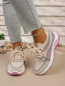 Van Skr Women's Knitted Mesh Breathable Casual Sports Shoes, Lightweight Comfortable Versatile Daily Student Wear, Stylish Commute Non-Stuffy Lace-Up Shoes - Caking Powder - View 3