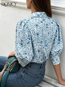 DONICY Blusa feminina azul de manga média com gola e mangas bufantes, modelagem solta, estilo retrô, ideal para primavera, verão e outono. Perfeita para o dia a dia, encontros, trabalho, escritório e momentos de lazer. - Azul - Ver 2