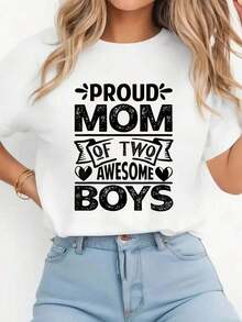 Proud Mom Of Two Cool Boys - Funny Mother's Day T-Shirt, Short Sleeve, Crew Neck, Casual Top For Summer And Spring, Women's Clothing - 白色 - 查看 6