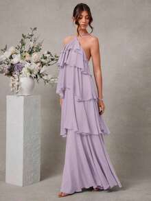 Vestido largo elegante y romántico de gasa con cuello de halter y volantes para invitados a una boda - Púrpura malva - Ver 4