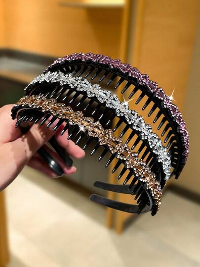 3pcs Women's Luxury Rhinestone Bow Headbands, Vintage Elegant Style, Hair Accessories With Anti-Slip Teeth Design, Suitable For Casual, Shopping, Travel, Dating