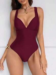 Traje de baño de una pieza con control de abdomen y push-up, con parches de color marrón, cordón de ajuste elegante y sexy, para fiestas y piscina - Burdeos - Ver 8
