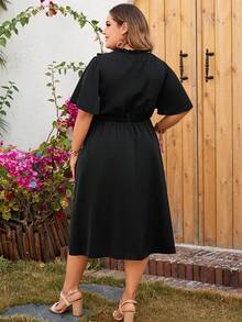Vestido largo elegante negro, cuello en V, encaje con calados, color liso - Negro - Ver 2