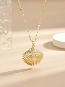 1 Peça Colar de Aço Inoxidável com Strass em Formato de Estrela do Mar e Concha, Joia Dourada, Corrente Dourada, Acessório de Praia Feminino, Presente do Dia das Mães, Joia Ocidental, Presente do Dia do Professor, Presente para Ela, Praia, Joia de Férias, Pingente, Presente, Presente de Aniversário - Ouro amarelo - Visão 8