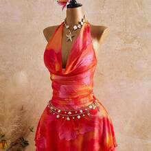 New Spring/Summer Women's Fashion Sexy Printed Dress - Plunging Neckline Design - Waist Cinching Ruched Design - Ruffle Hem Design - Vacation - Beach - Multicolor - Ver 7