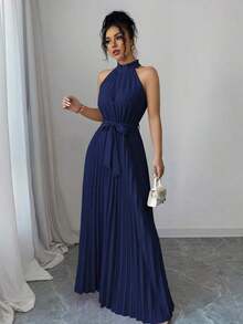 Vestido de línea A con cuello con volantes y cintura plisada, elegante y romántico para el Día de San Valentín - Azul marino - Ver 3