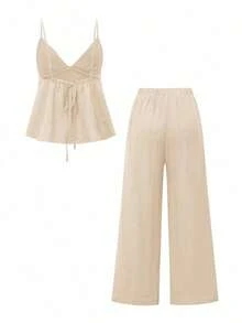 Conjunto de 2 piezas para mujer : Top de camisola elegante y pantalones holgados con cordón, camisola de lino con escote en V profundo y diseño sin espalda, y pantalones de cintura relajada, conjunto sexy, lindo y elegante para el verano - Caqui - Ver 4