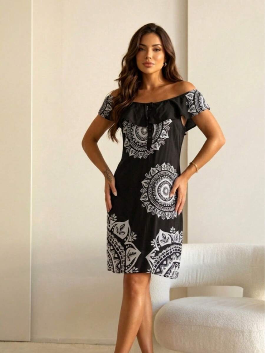 KIARA BRAZIL Vestido Ombro a Ombro com Babados Estampa Mandala-#100712 - Preto - Visão 1