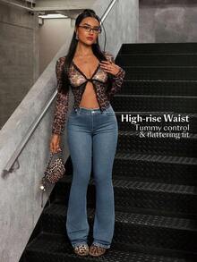 Women's Casual Pocketed Mid-Waist Skinny Flare Jeans - Azul 3 - Ver 3