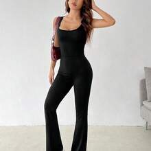 PETITE Summer Solid Color Hollow Out Flare Skinny Jumpsuit - Azul - Ver 6