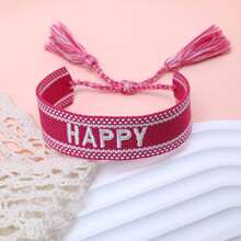 1pc Handmade Embroidered "HAPPY" Letter Woven Bracelet, Suitable For Friends, Family, Festivals, Parties, Travel, Casual Bohemian Style, Beach Vacation, Friendship Bracelet - Hot Pink - View 4