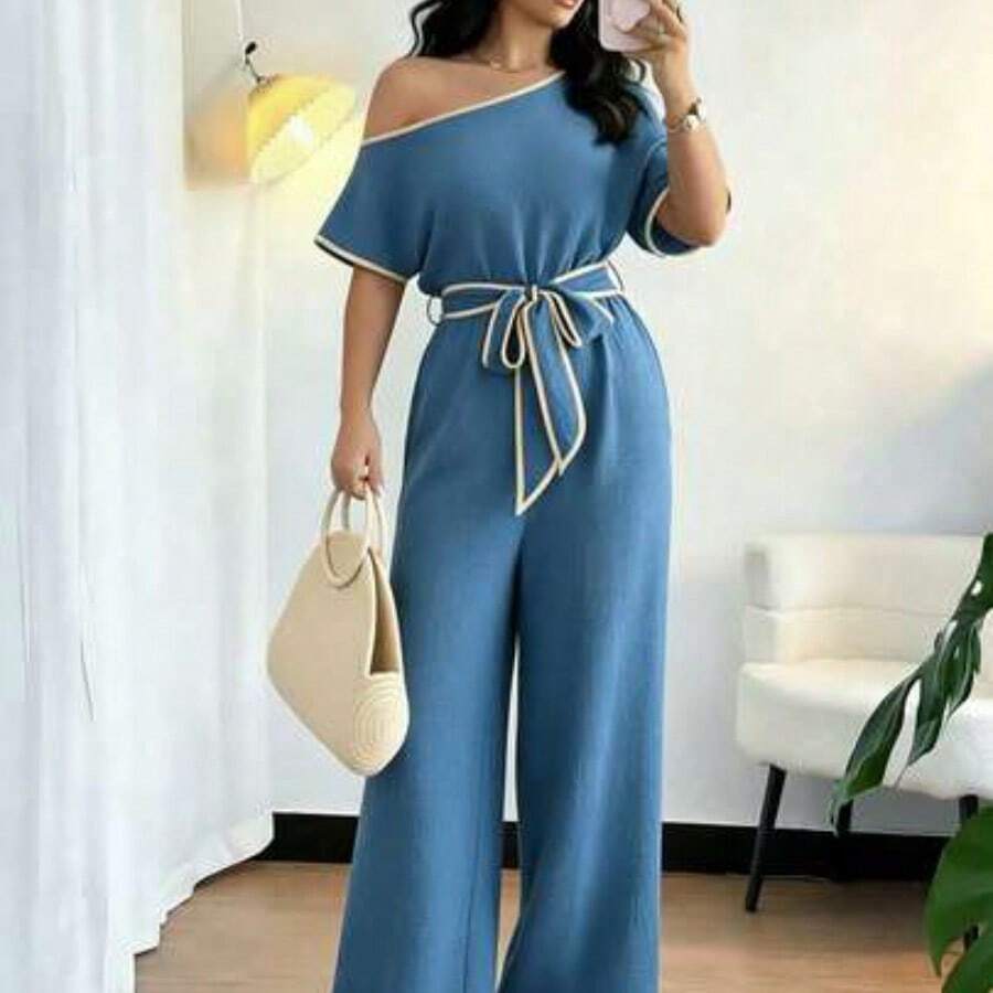 Casual Vacation Asymmetric Neck Textured Soft Elastic Waist Comfortable Flared Leg Pants, Khaki, Spring/Summer - Azul - Ver 1