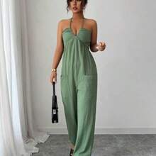 Elenzya Women's Summer Halter Neck Backless Pocket Jumpsuit - Verde - Ver 1