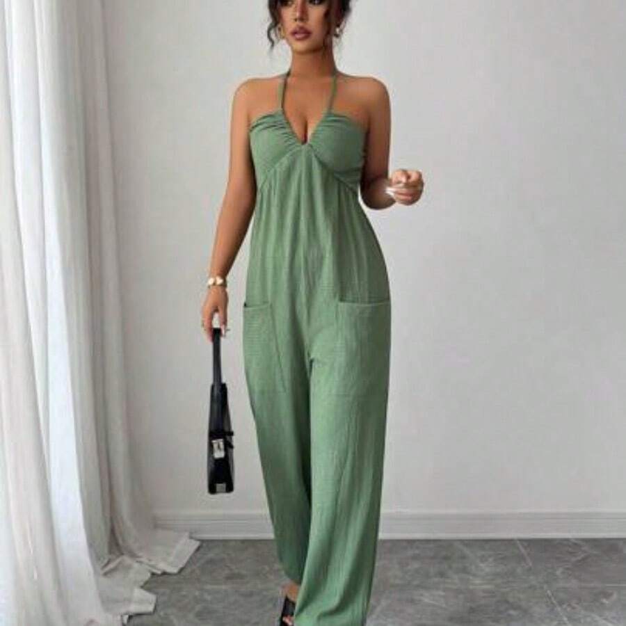 Elenzya Women's Summer Halter Neck Backless Pocket Jumpsuit - Verde - Ver 1