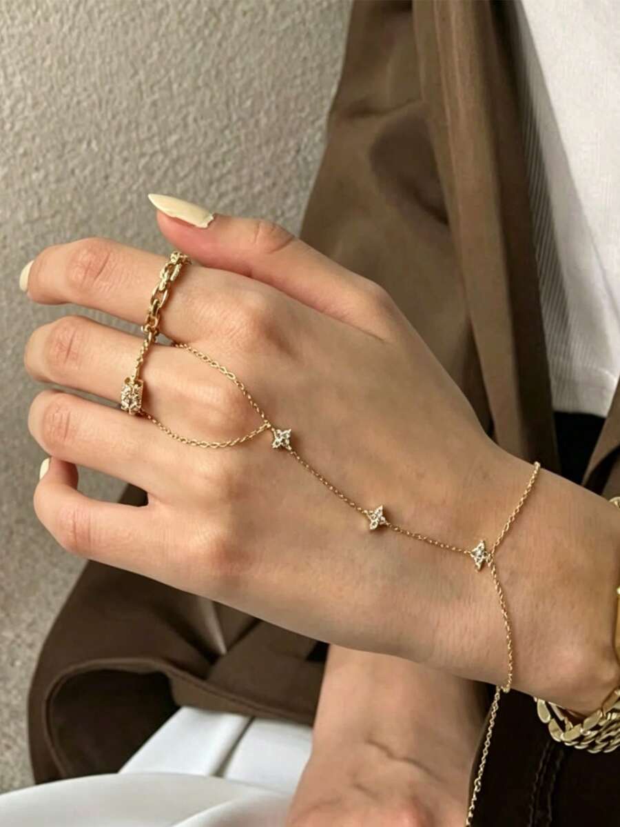 女士时尚简约花卉水晶连指戒指手链首饰 - 金色 - 查看 1