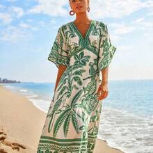 Retro Tropical Print V-Neck Casual Dress, Fall  Clothes, New Year, Wedding Guest Outfits, Elegant Graduation, Luxury Prom Dress, Casual Outfits - Verde - Ver 3