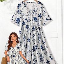 Vestido de mujer de talla grande con cuello en V y manga corta, con estampado floral, adecuado para vacaciones de verano - Azul - Ver 9