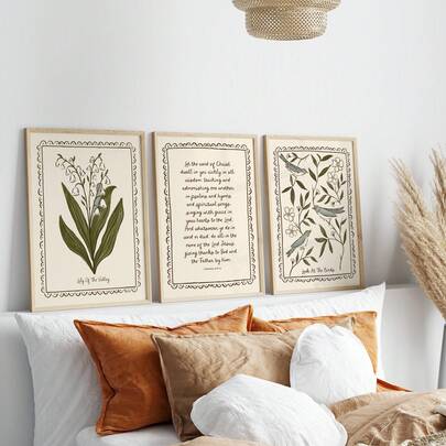 1/3pcs Folk Bird Scripture Wall Art Picture Vintage Lily Of The Valley & Birds Canvas Print Paintings|Modern Cottagecore Aesthetic Decor For Bedroom,Living Room Or Office Home Decor,Christian Scripture Bible Verse,Farmhouse Floral Poster,Gift For Her,Unframed