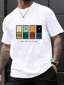 Camiseta de manga corta con cuello redondo y estampado de verano para hombre - Adecuada para salidas casuales, deportes y actividades al aire libre - Camiseta con diseño divertido - Blanco - Ver 6