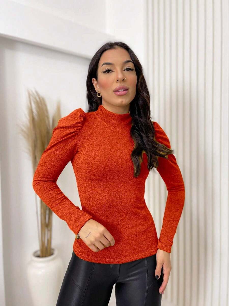 Lisa Long-Sleeved Blouse With Puffed Lace Trim, Soft Fabric With Stretch. - Marrón Mocha - Ver 1