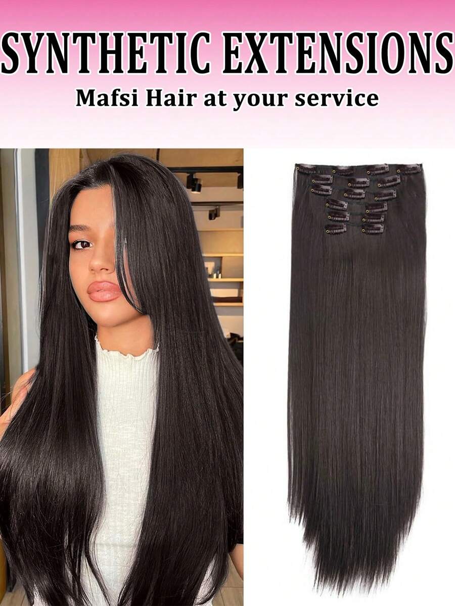 LONAI 6 pièces Extensions de cheveux synthétiques droits de 24 pouces, noir et marron, cheveux naturels avec clips pour usage quotidien, maquillage, fête - Multicolore - Voir 1