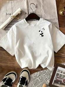 Printed T-Shirt With Cartoon Panda And Butterfly Design On Both Sides, Casual Short-Sleeved Top With Round Neck And Print On The Front And Back, Suitable For Summer And Spring, Short-Sleeved Top, Women's Clothing - Unisex Loose Cotton T-Shirt In Urban Vintage Style With Round Neck And Short Sleeves. - 白色 - 查看 2