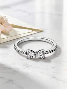 Bộ 1 chiếc nhẫn hình nơ màu bạc đính đá Cubic Zirconia trắng, thanh lịch và thời trang, thích hợp để đeo cùng nhiều nhẫn khác. - Bạc - Xem 6