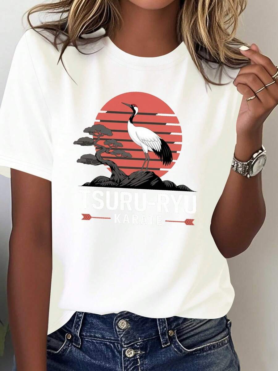 Camiseta de Mujer uru Ryu Karate Grulla Bonsai - Logo de Artes Marciales, Camiseta Casual con Diseño de Árbol Bonsai y Grulla, Color Karate (Azul) para Eventos de Dojo y Atuendo Casual