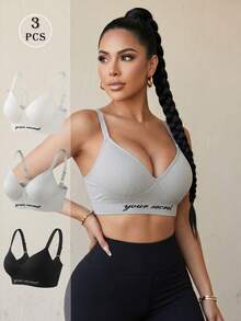 3pcs Women's Letter Print Bra Set, Polka Dot Strap Comfortable Bra Set, Comfortable Push-Up Bra - Multicolor - View 1