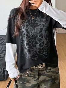 Women's Winter/Fall Streetwear Casual Hippie Preppy Grunge Punk Goth Cotton Graphics Oversized Long Sleeve T-Shirt woman Todo tipo de impresiones, chaqueta, camiseta de cuello redondo, casual, para oficina, para viajar, muy popular, viento deportivo, estampado/patrón, camiseta de algodón 100%, camiseta casual, cómoda, suave, transpirable The latest popular bestseller - Negro - Ver 7