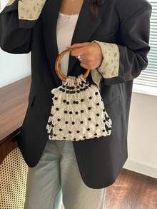 Nueva bolsa de mano tejida a mano con asa circular, cordón con cuentas, adecuada para vacaciones y playa - Multicolor - Ver 5