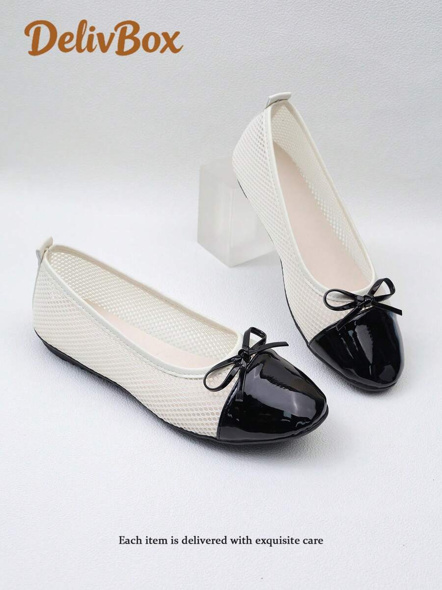 Schwarze Mesh-Ballerinas mit Schleife für Mädchen, atmungsaktive, praktische Pendlerschuhe - Schwarz und Weiss - Übersicht 1