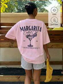 Women's Casual Loose Fit Beach T-Shirt With Lobster Stripe And Letter Print, Summer Beach Shirt, Pastel Colors, Suitable For Vacations, Graduation Trips, Beach Parties, Music Festivals - 淡粉紅色 2 - 查看 9