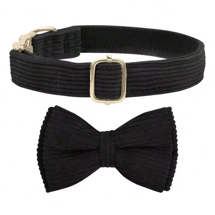 Corduroy Dog Collar With Dog Bow Tie, Soft Quick Release Basic Dog Collars For Small Medium Dogs, Large Dogs, Adjustable Dog Collar - Black - View 1