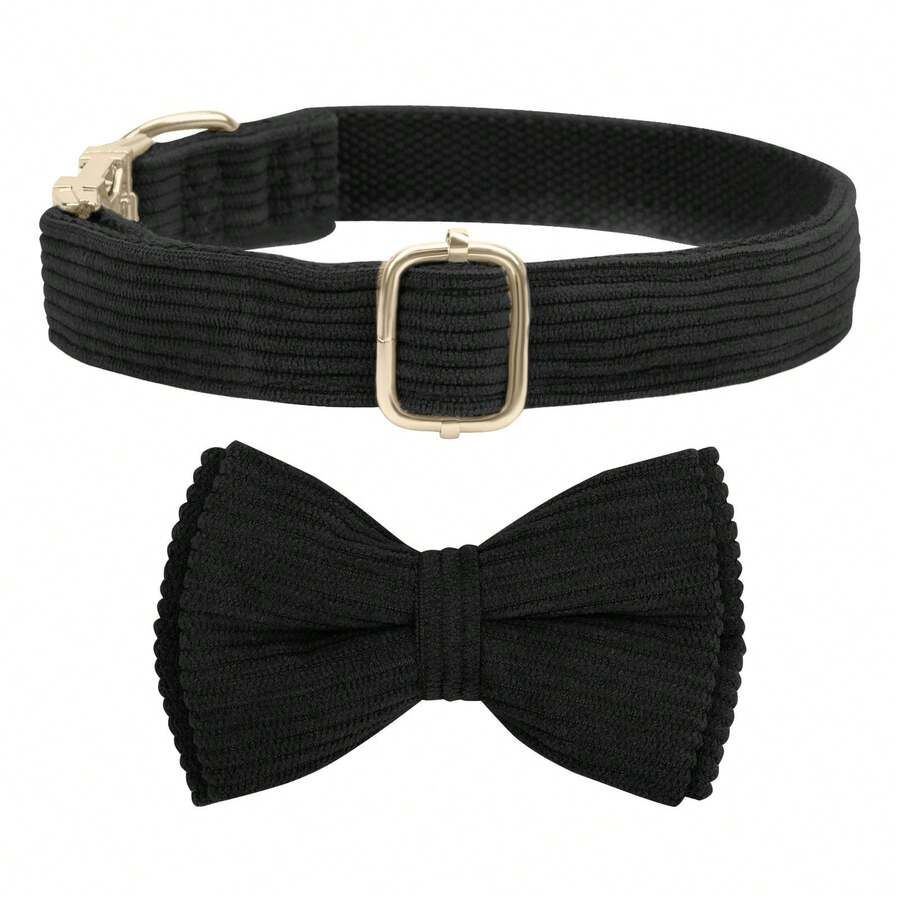 Kalung Anjing Corduroy dengan Dasi Kupu-kupu, Kalung Anjing Dasar Lembut dengan Pengait Cepat untuk Anjing Kecil, Sedang, dan Besar, Kalung Anjing yang Dapat Diatur - Hitam - View 1