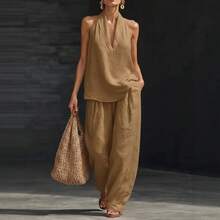 Women's Plus Size Two-Piece Suit With V-Neck And Straps, Made Of A Linen And Cotton Blend, Ideal For The Office And Summer, Current Fashion - Caramel - View 1