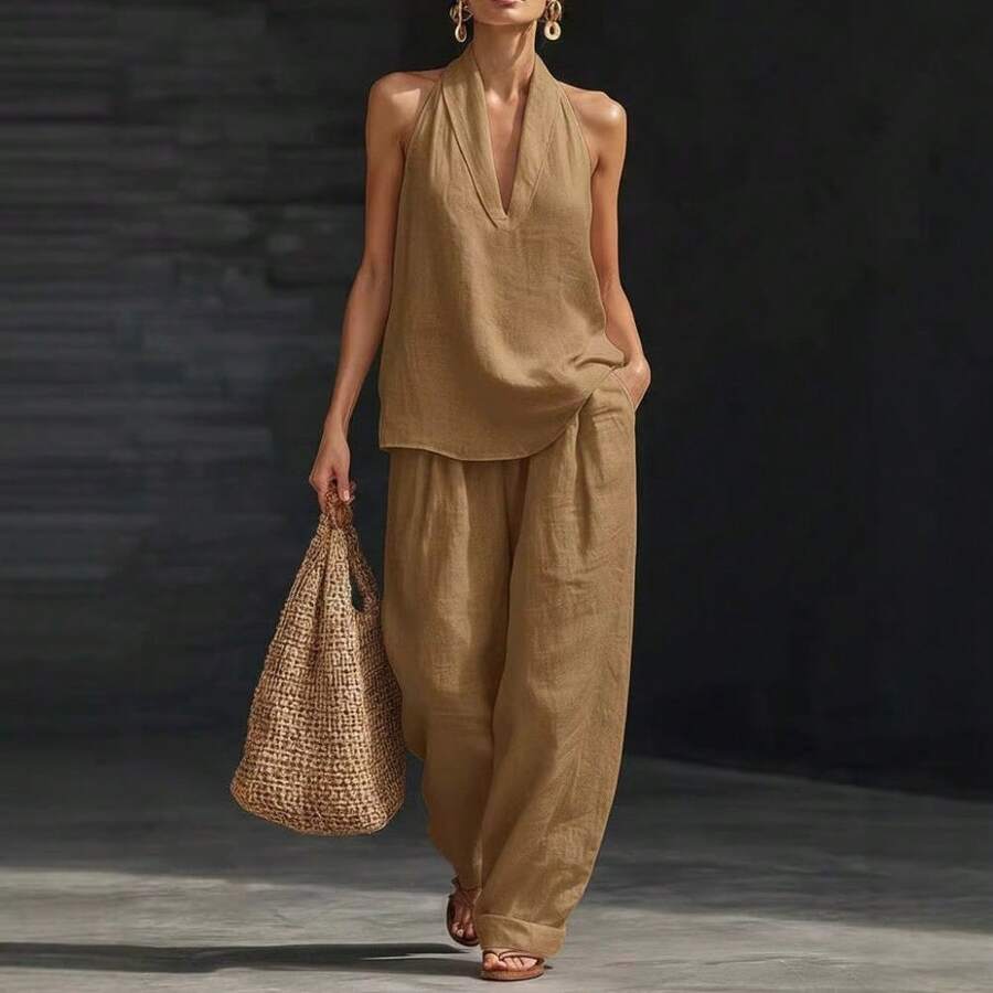 Women's Plus Size Two-Piece Suit With V-Neck And Straps, Made Of A Linen And Cotton Blend, Ideal For The Office And Summer, Current Fashion - Caramel - View 1