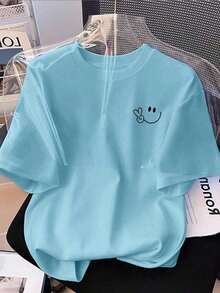 Y2K style,Fashionable styel,2026 newest,cute style,Causal style. Camiseta de punto ajustada de estilo casual y elegante, camiseta de mujer de manga corta con pequeño estampado180g(S-XXXL) - Azul - Ver 1