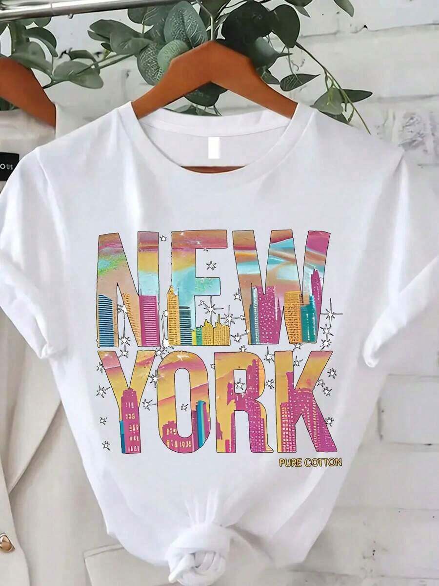 Summer Tops: Women's New York Print T-Shirt, Short Sleeve Crew Neck T-Shirt, Breathable, Comfortable, Soft, Casual, Sporty, For Daily Wear, Outdoor, For Women. - 白色 - 查看 1