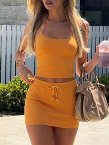 1pc Solid Color Elegant Backless Halter Top & Mini Skirt 2 Pieces Set For Vacation Beach - Orange - View 4