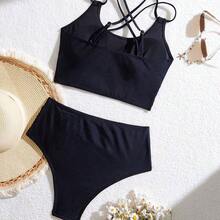 Swim Basics Popular Ruched Cropped Top And Ruched Bottoms Slimming Tankini Swimsuit - Negro - Ver 5
