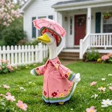 Porch Goose Floral Raincoat Outfit - Spring Flower Print Rain Gear Costume Set With Umbrella For Lawn Goose - Pink - View 5