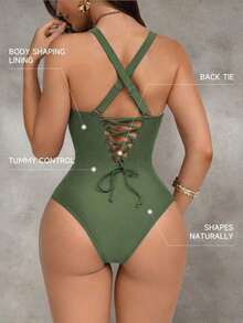 Traje de baño de una pieza con control de abdomen y push-up, con parches de color marrón, cordón de ajuste elegante y sexy, para fiestas y piscina - Verde militar - Ver 2