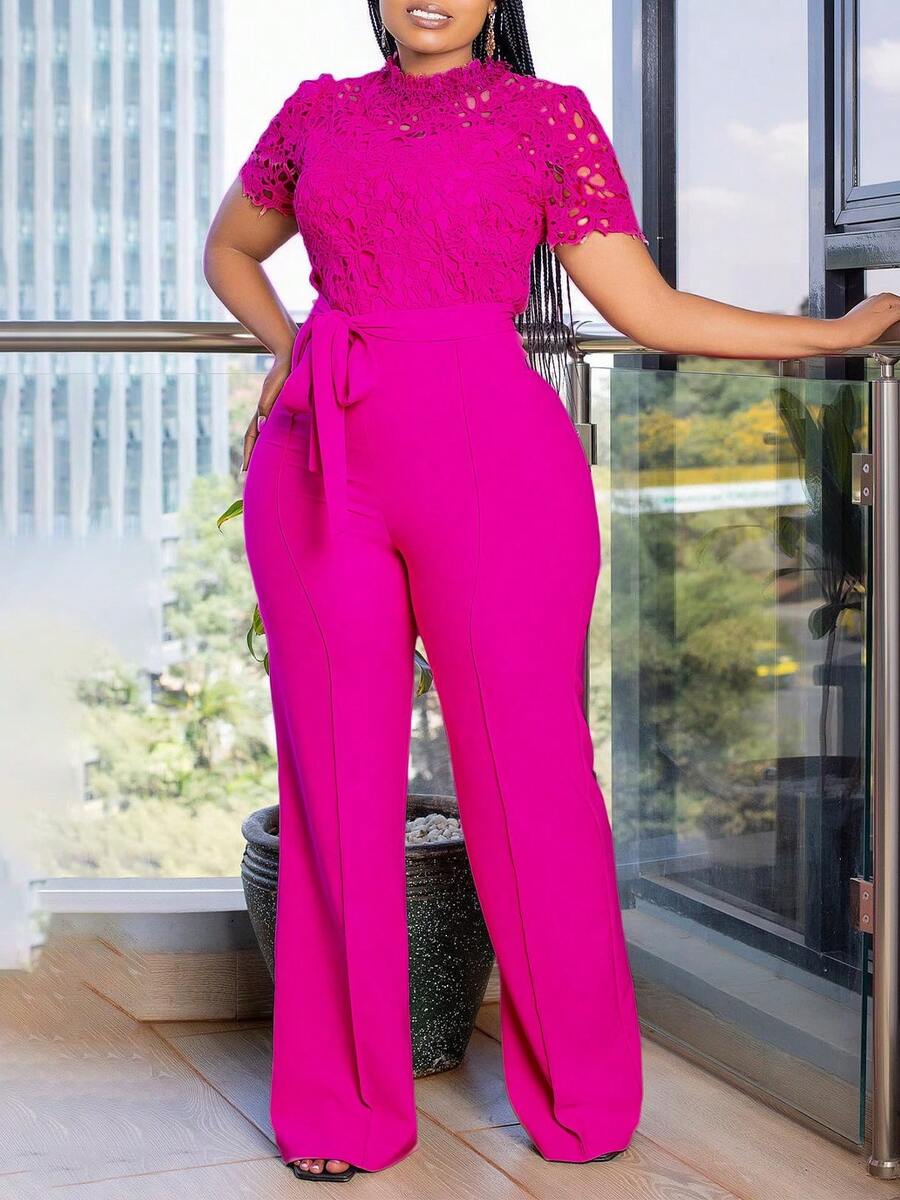 New Women's Jumpsuit European American Style Hollow Lace Short Sleeve High Waist Lace-Up Wide Leg Sexy - 玫紅色 - 查看 1