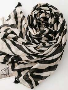 Retro Luxus Schwarz & Weiß Zebra Muster Quasten Schal, Dual-Use Schal/Umhang für Reisen & Klimaanlage, geometrisches Muster, lässiges Polyester Accessoire - Schwarz - Übersicht 3