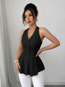 Camisa sin mangas con cuello en V, abotonada, con pliegues a la cintura y línea A, casual y elegante, adecuada para la oficina, vacaciones, primavera/verano - Negro - Ver 5