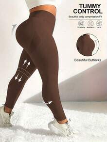 Plus Size Yoga Pants, Seamless Blue Sports Compression Leggings, High Waist Seamless Compression Pants Suitable For Women - Soft Touch, 4-Way Stretch Compression Pants Suitable For Running, Cycling, Yoga, Pickleball, Workout And Daily Wear. High Density Fabric, Comfortable And Relaxed, Suitable For All Seasons, Machine Washable. - Brown - View 1