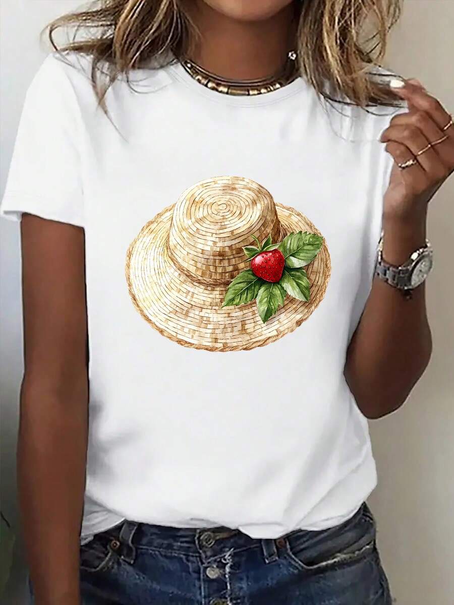 Unieza Women's Printed T-Shirt, Simple And Modern Short Sleeve T-Shirt With Round Neck, Strawberry Print, Comfortable And Versatile Top. Comfortable Basic Summer T-Shirt, Short Sleeve T-Shirt For Activities, Uni. Matching T-Shirts, Sets For - 白色 - 查看 1